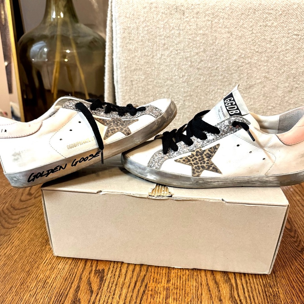 Golden Goose White Sneakers with Leopard Star and Glitter